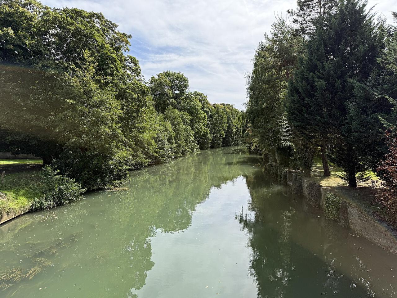 Rivière bordée de forêt dense, reflets sur l'eau, paysage typique du Provinois